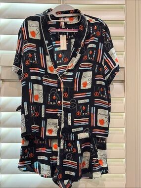 Anthropologie 2Pc Black  Printed Short Pajama Set